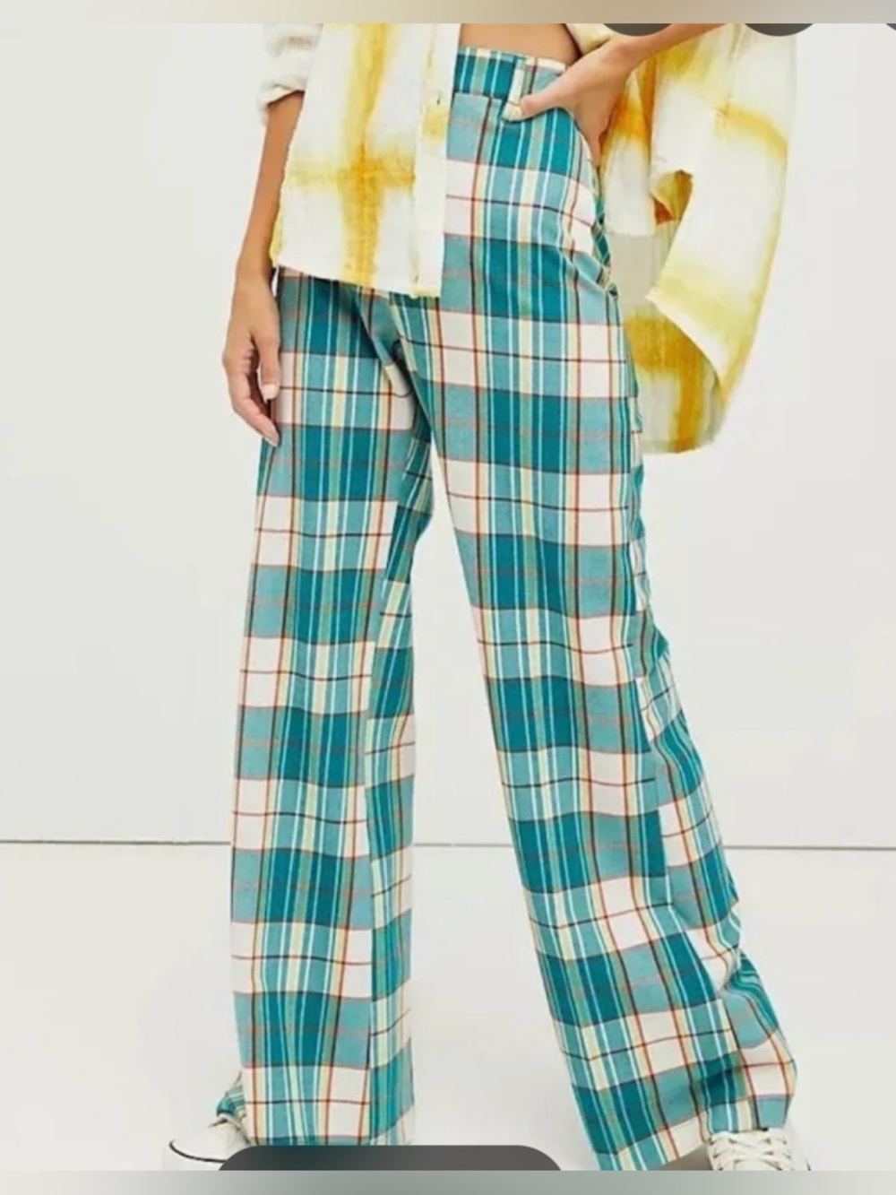 Free People Teal Plaid High Rise Wide Leg Pants Size 12